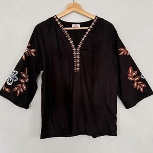 Apple Boulevard Black 100% Cotton Embroidered Boho Peasant Blouse Floral Top M